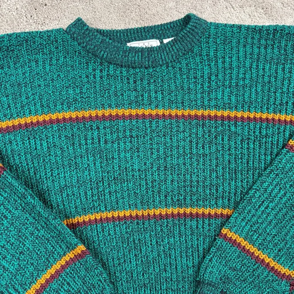 Men's Store Sears Size XL Green Striped Knit Sweater Vintage Crewneck Grandpa